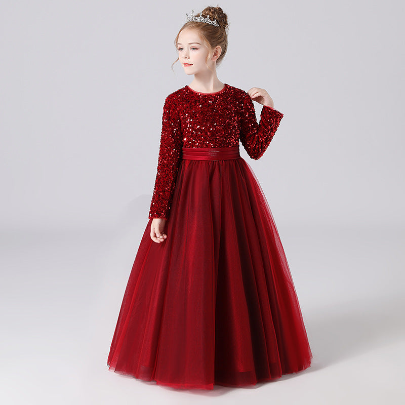 Black Tulle Long Sleeve Floor Length Flower Girl Dresses With Sequins