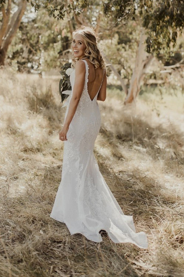 Sexy V Neck Trumpet Wedding Gowns,Sweep Train Appliques V Back Wedding Dress