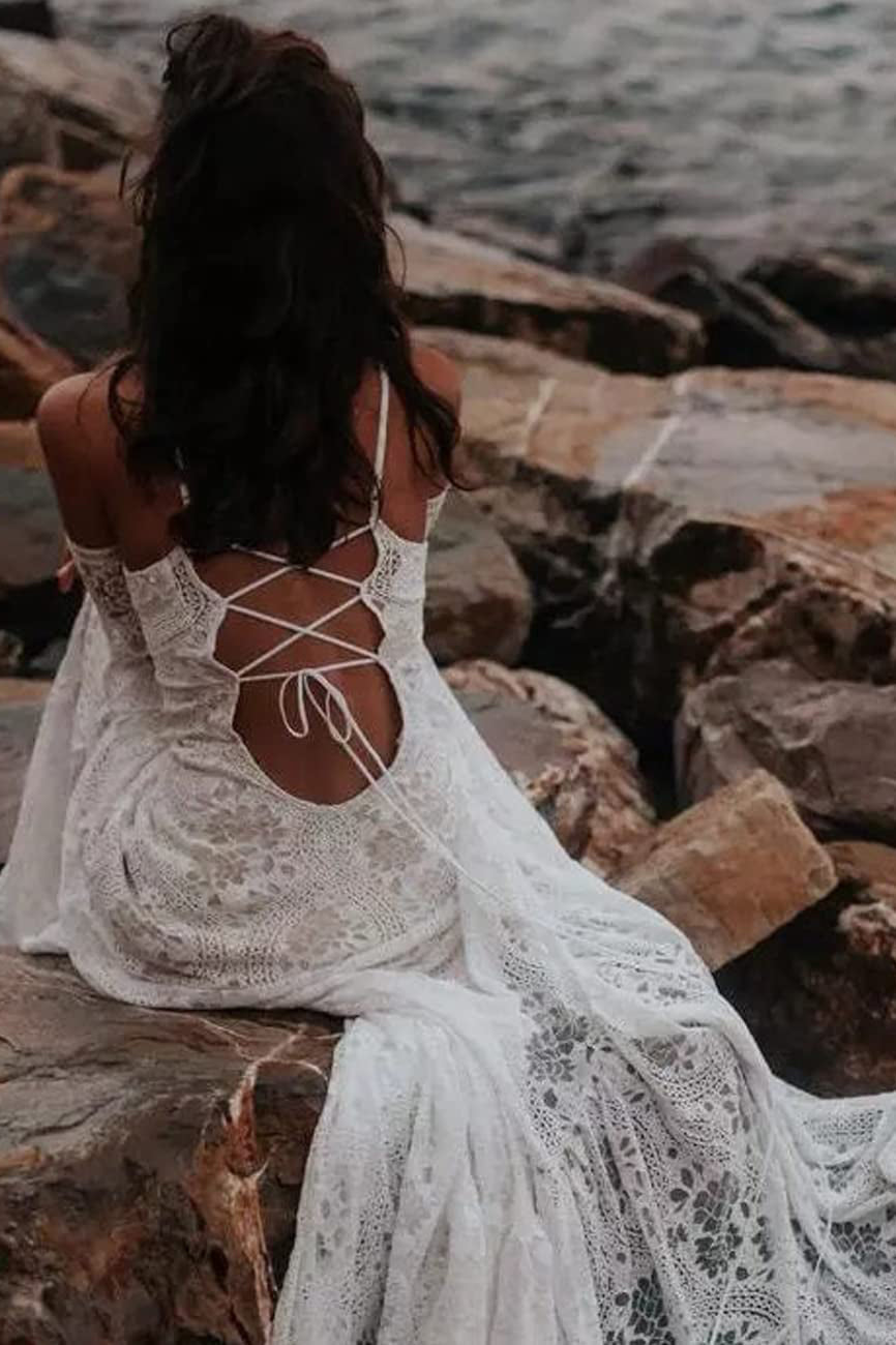 Bohemia Long V-neck Backless Elegant Beach Lace Wedding Dresses