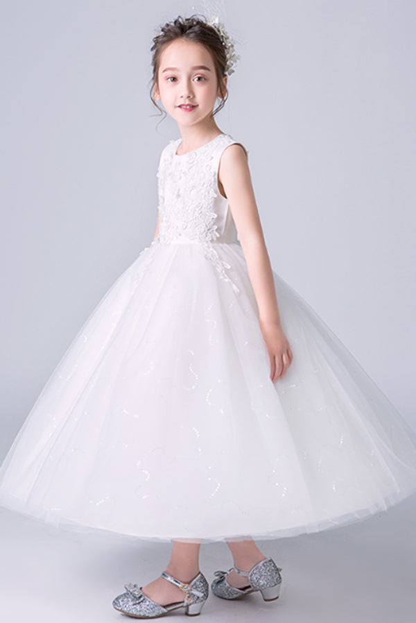 Elegant White Appliques Sleeveless Tulle Satin Ankle Length Flower Girl Dresses