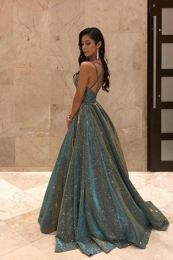 Sparkly Spaghetti Straps Prom Dresses Backless Ball Gown