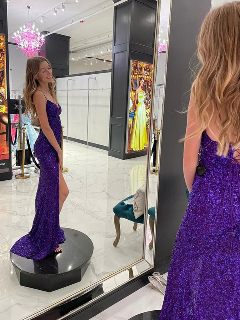 Sequins Grape V-Neck High Slit Formal Graduation Evening Dresses Long Prom Dresses