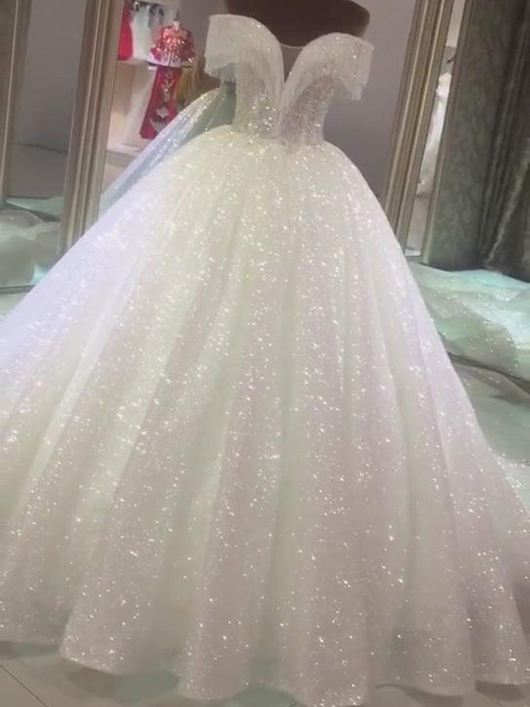 Pretty Sequin Shiny Ball Gown Modest Long Wedding Dresses Bridal Gowns