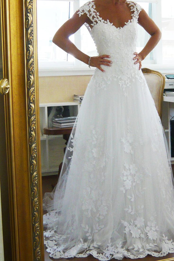 Capped Sleeve Open Back Cheap Wedding Gowns,Lace Appliques Beach Wedding Dress W91 - Ombreprom