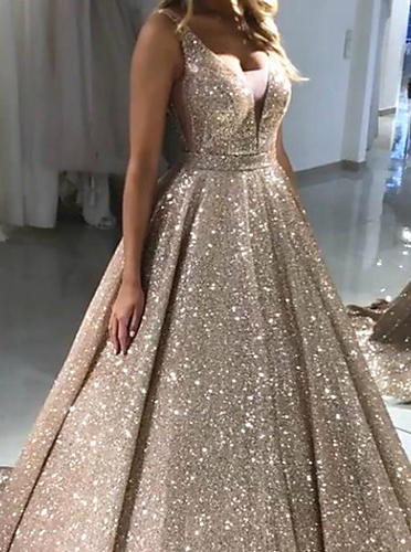 Sparkly A-line Sleeveless V Neck Ball Gown Prom Dresses