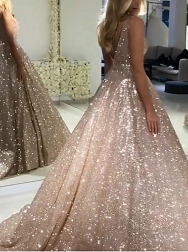 Sparkly A-line Sleeveless V Neck Ball Gown Prom Dresses