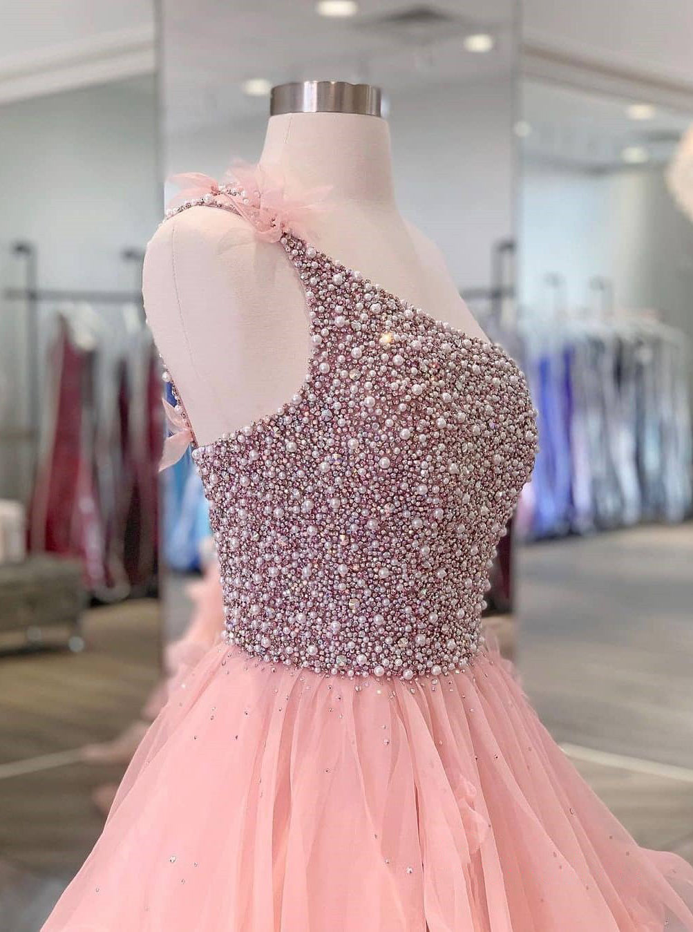 One Shoulder A-line Peach Beaded Flouncing Long Prom Dresses