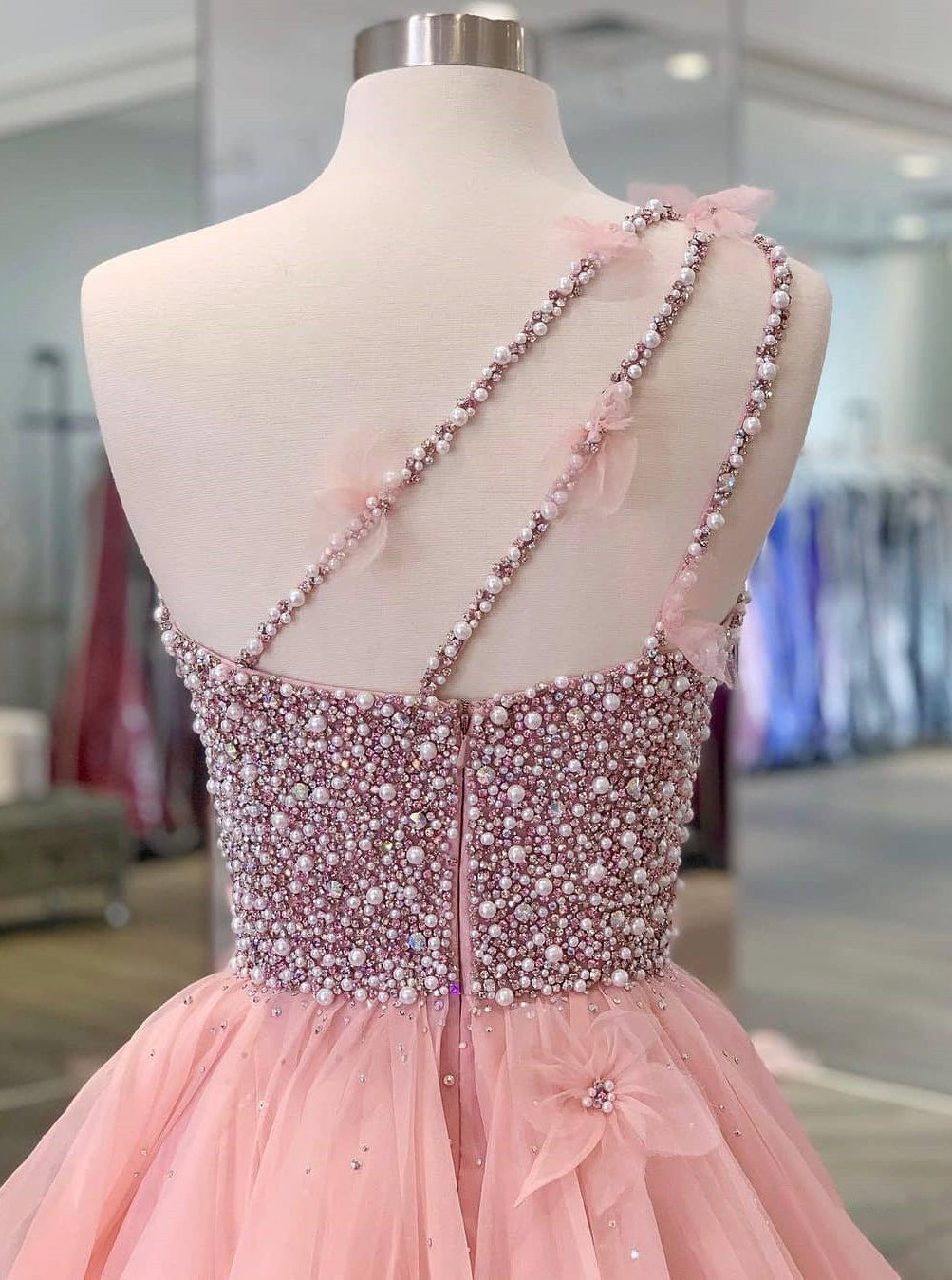 One Shoulder A-line Peach Beaded Flouncing Long Prom Dresses