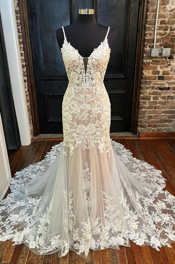 Elegant V Neck Mermaid Lace Appliques Wedding Dresses