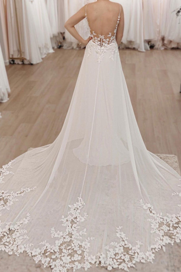 Fairy A Line V Neck Chiffon Long Wedding Dresses with Appliques