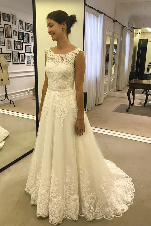 Simple Cap Sleeves Lace Appliques Tulle A Line Wedding Dresses