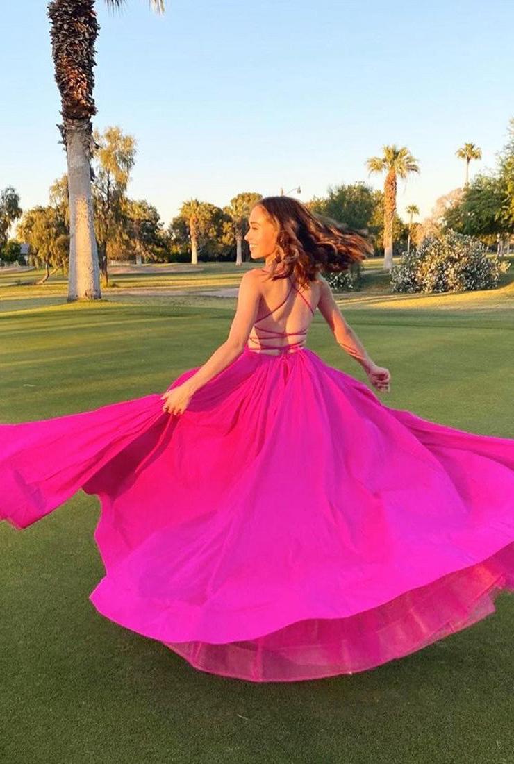 Chic Fuchsia A-line Spaghetti Straps Chiffon Long Prom Dress