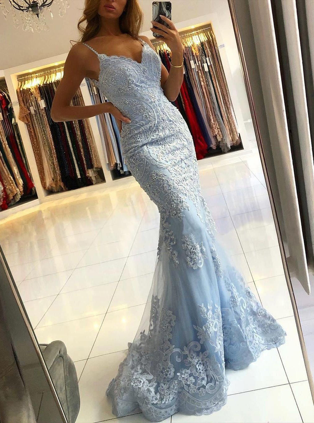 Chic Sky Blue Mermaid Spaghetti Straps Lace Long Prom Dresses