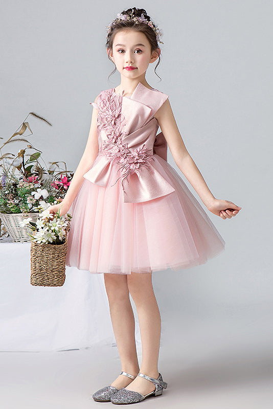 Lovely Pink Sleeveless Tulle Floral Appliques Flower Girl Dresses