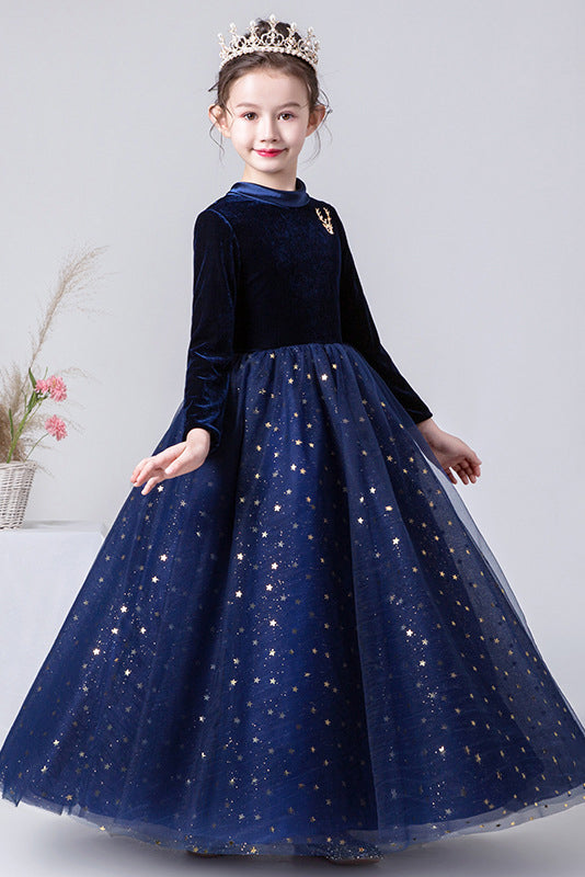 A Line Navy Blue Long Sleeves Star Tulle Flower Girl Dresses