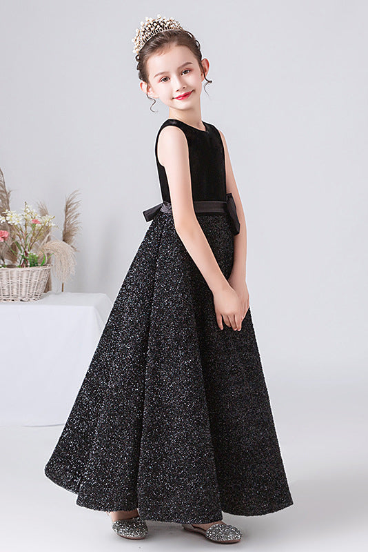 Sparkly A Line Black Sleeveless Bownot Flower Girl Dresses