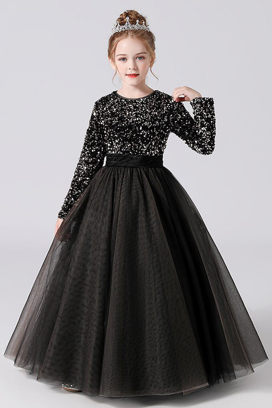 Black Tulle Long Sleeve Floor Length Flower Girl Dresses With Sequins