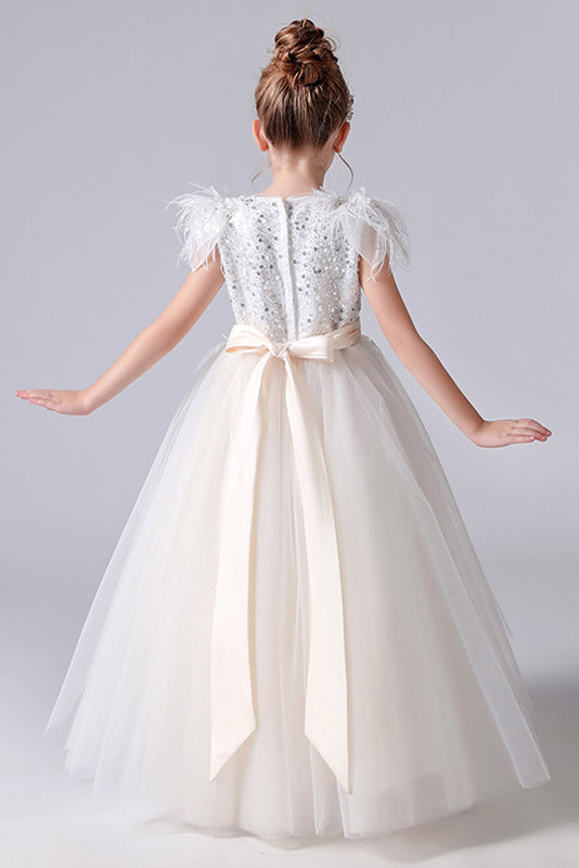 A- Line Cap Sleeve Hi-Low Tulle Beading Flower Girl Dresses