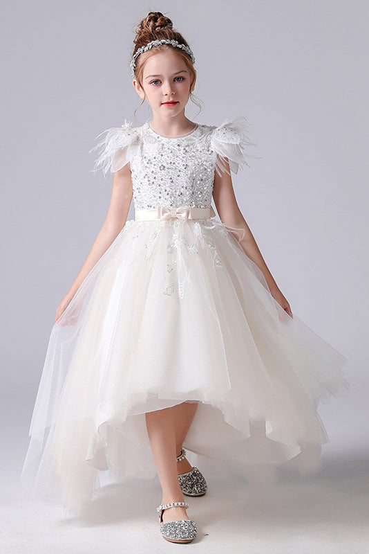 A- Line Cap Sleeve Hi-Low Tulle Beading Flower Girl Dresses