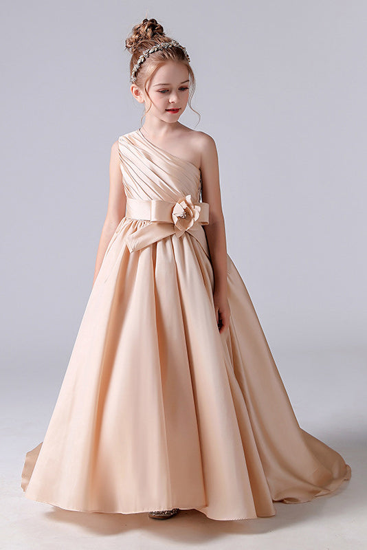 One shoulder Champagne Pleats Flower Girl Dresses With Flower Belt