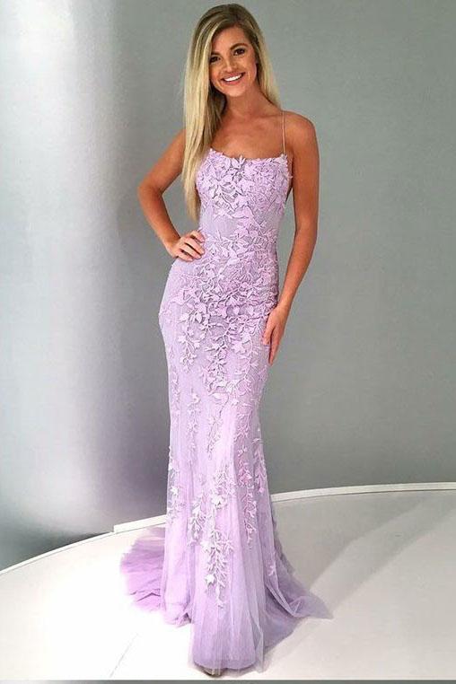 Chic Trumpet Spaghetti Straps With Lace Appliques Light Blue Prom Dresses