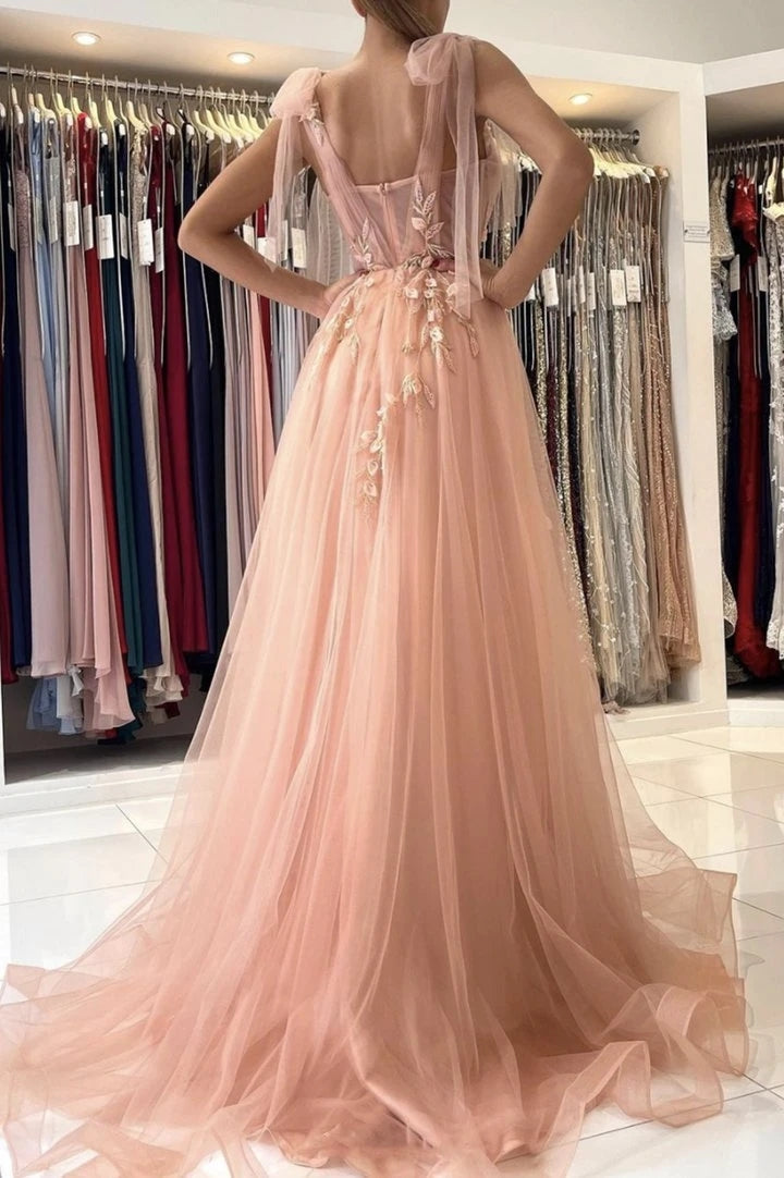 A line Tulle Sweetheart Pink Formal Evening Dresses Long Prom Dresses