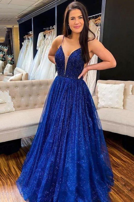 Pageant Dresses School Party Gown Sparkling Royal Blue A Line Deep Evening Dresses V Neck Prom Dresses