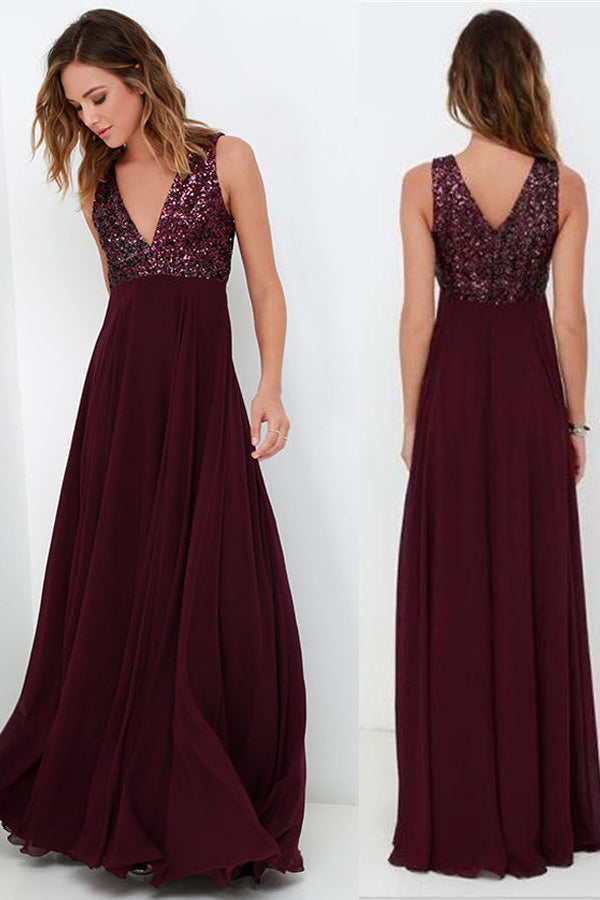 Burgundy A Line Floor Length Deep V Neck Sleeveless Bridesmaid Dress, Wedding Party Dress B309 - Ombreprom