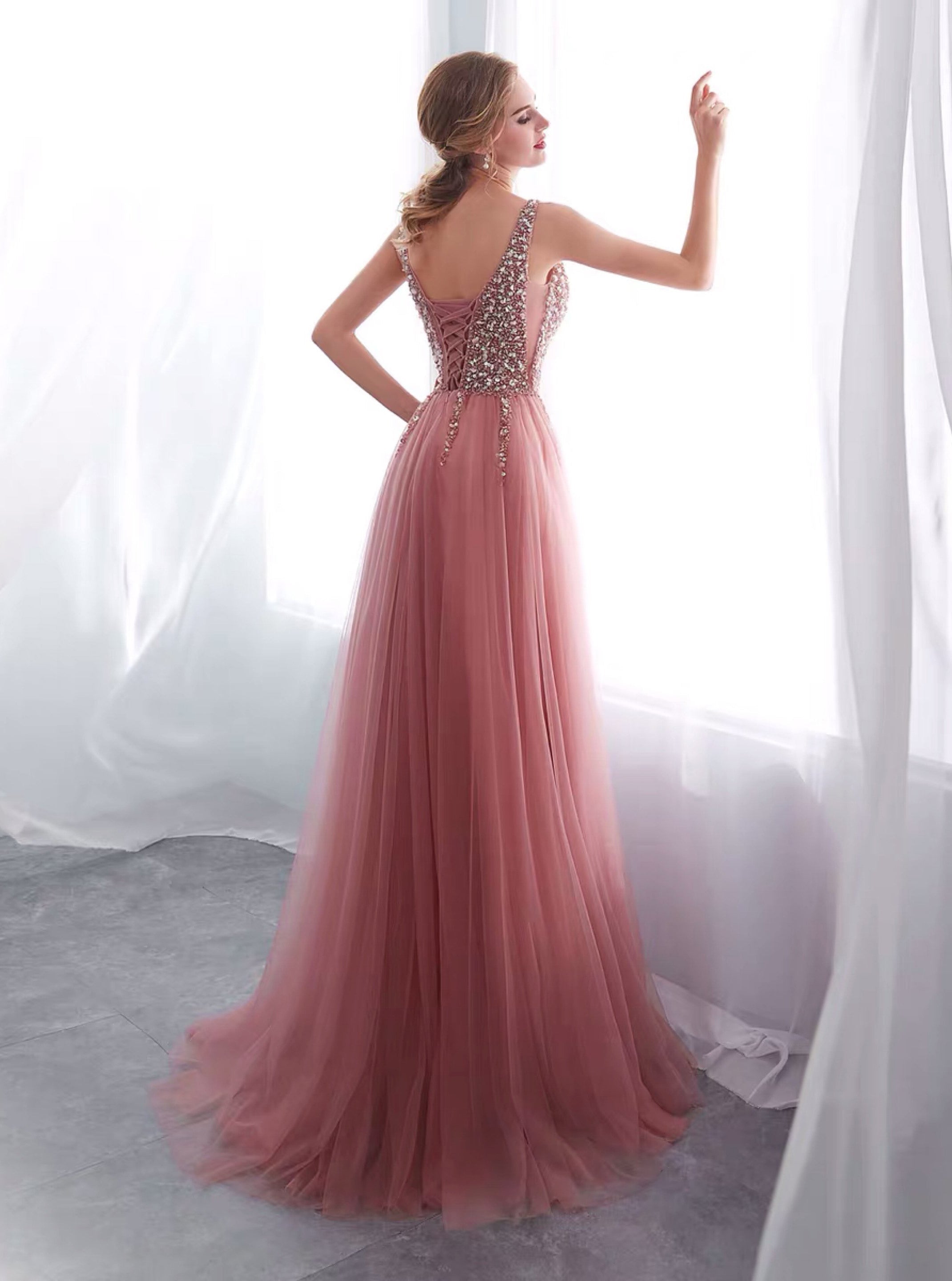 Beautiful Sleeveless Blush Pink V Neck Long Prom Dresses