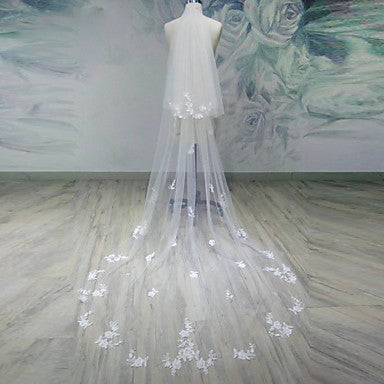 Two-tier Cut Edge Wedding Veil Tulle Applique Chapel Veils