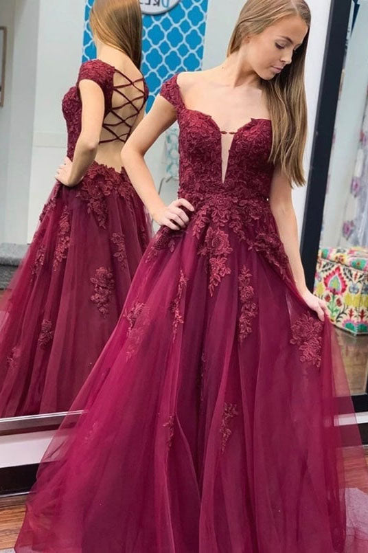 A Line Tulle Burgundy Lace Appliques Formal Evening Dresses Long Prom Dresses