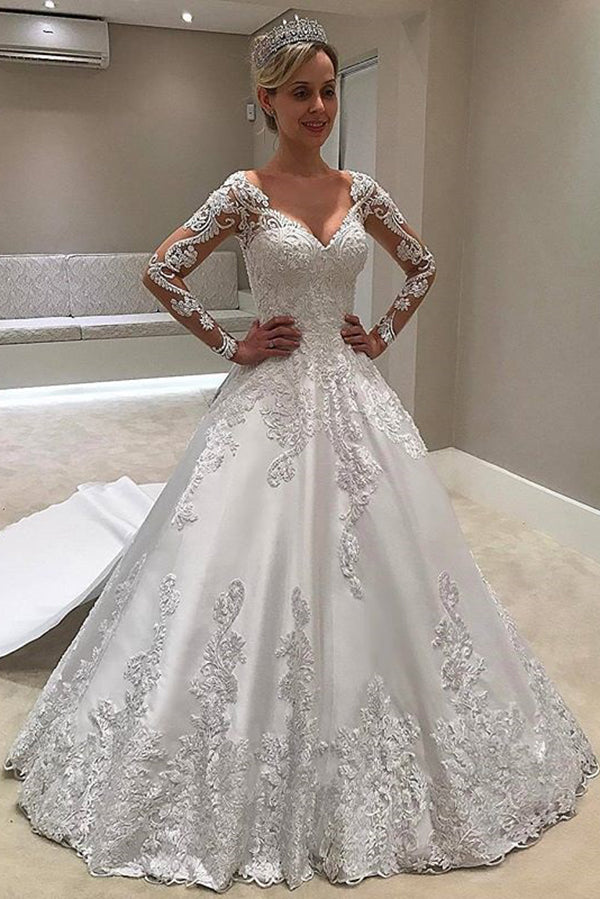 Elegant Long Sleeves Plus Size Ball Gown Lace Appliques Satin Wedding Dresses For Women