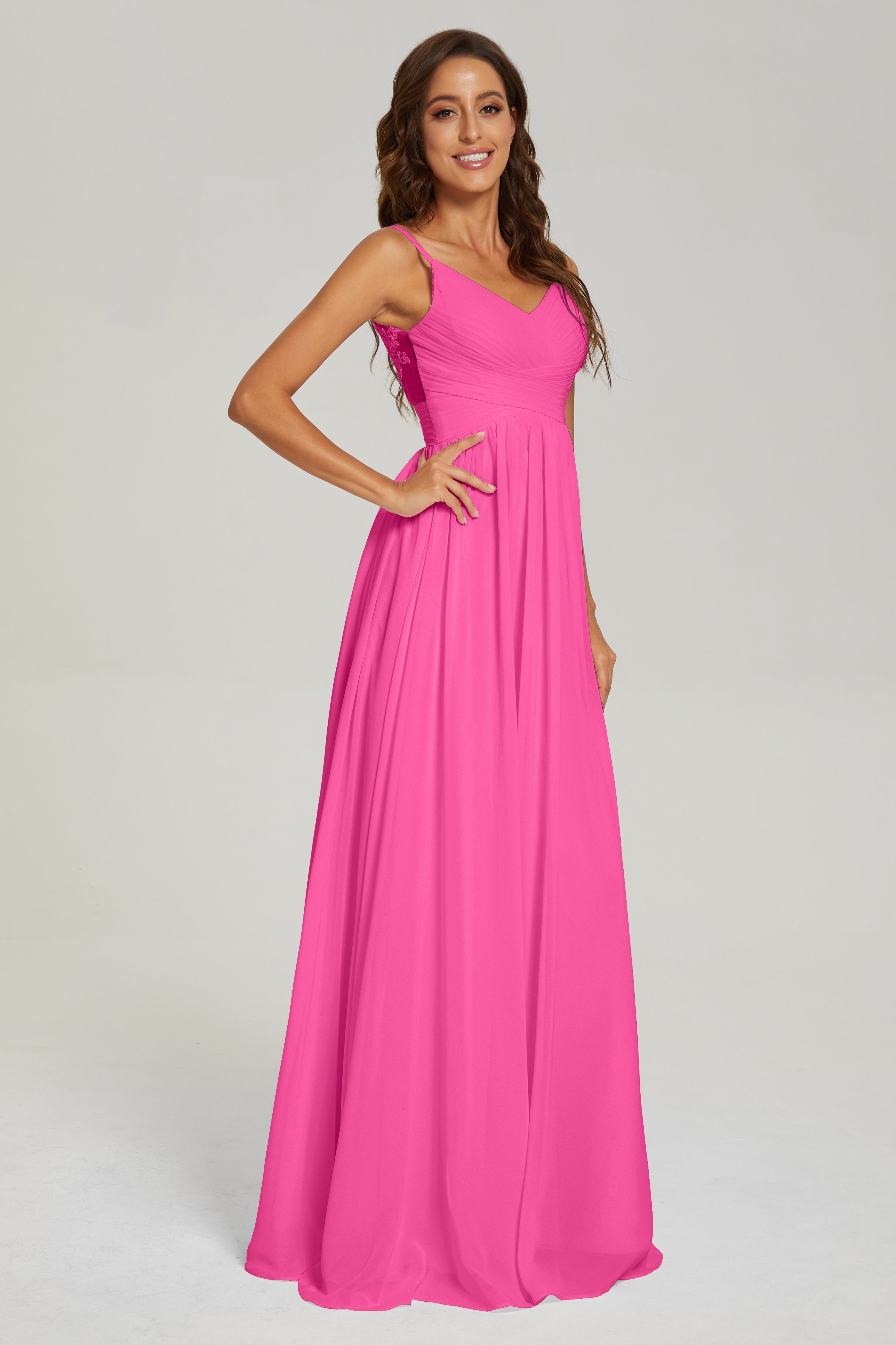 A-line V Neck Pleating Long Chiffon Prom Dresses