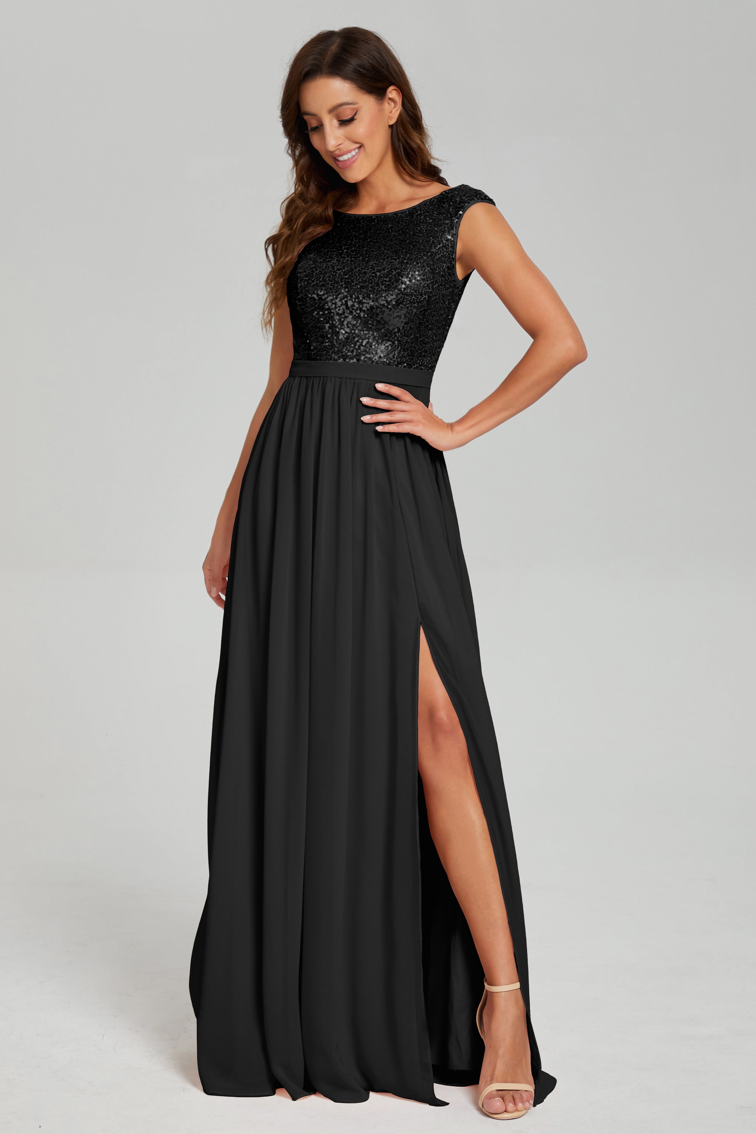 Bateau Sequins Split Prom Dresses