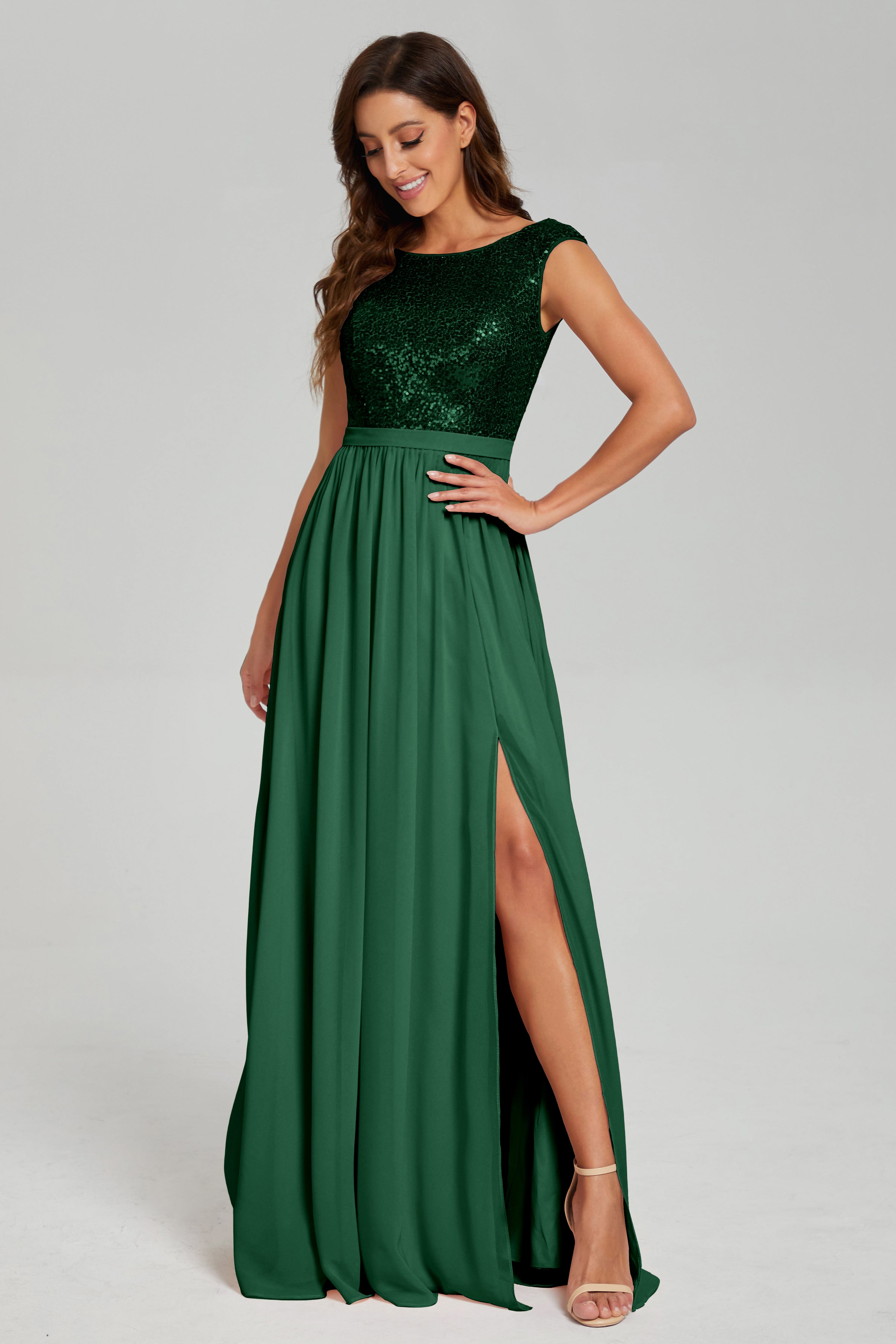 Bateau Sequins Split Prom Dresses