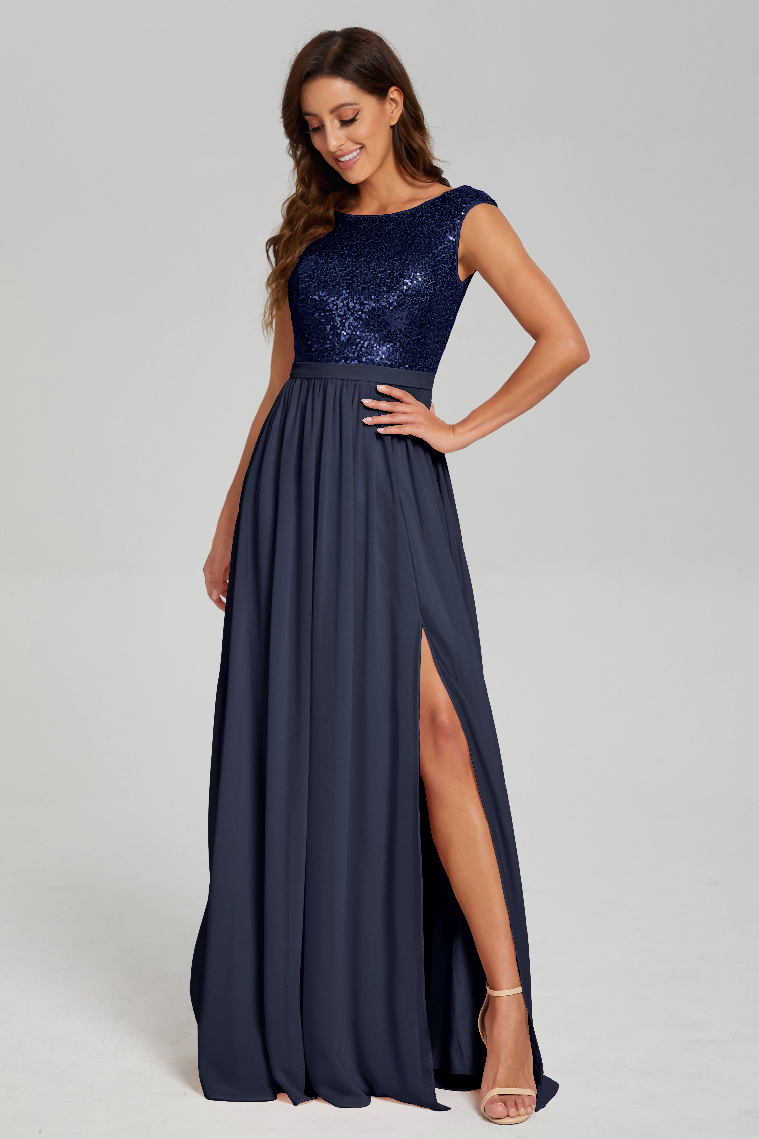 Bateau Sequins Split Prom Dresses