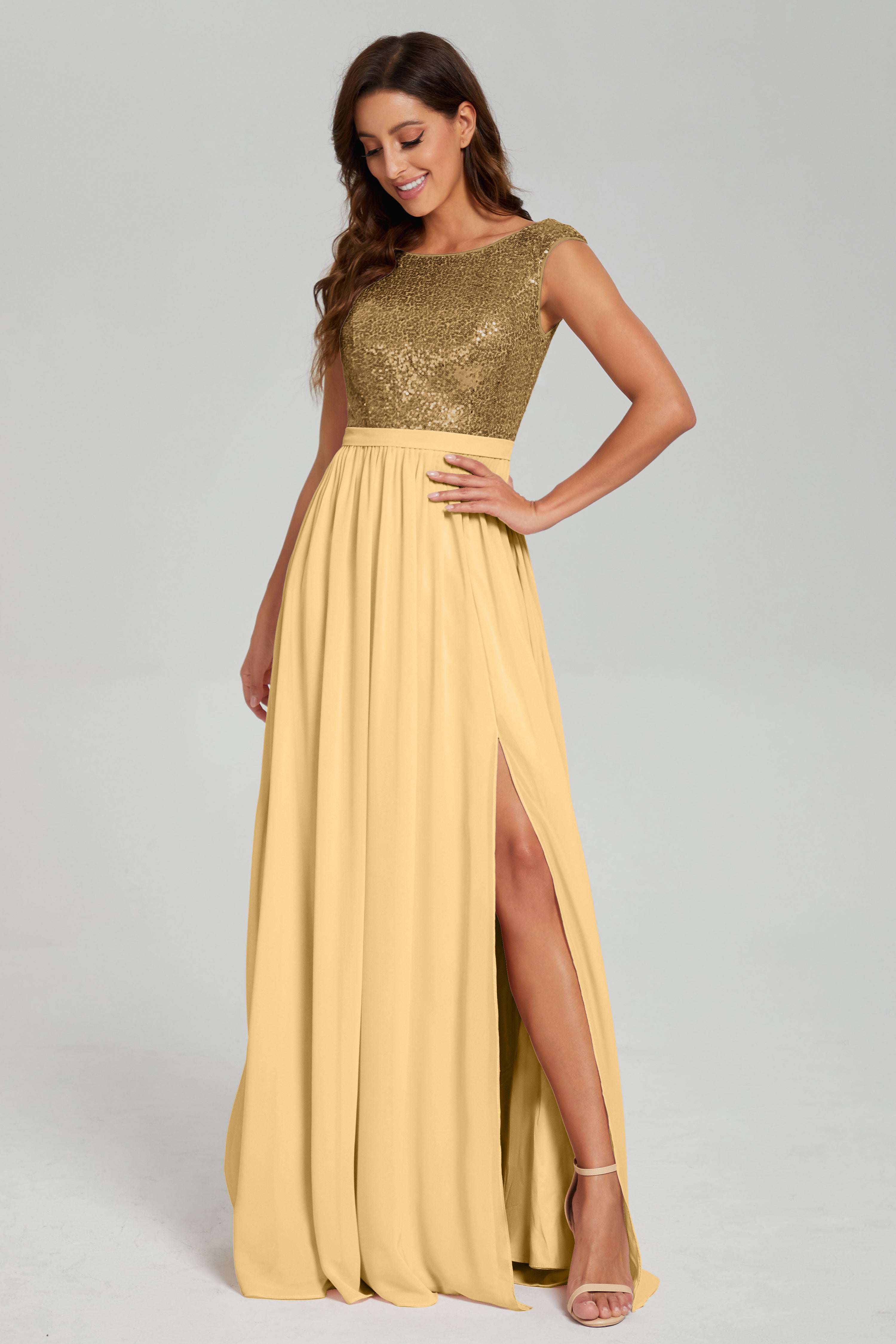 Bateau Sequins Split Prom Dresses