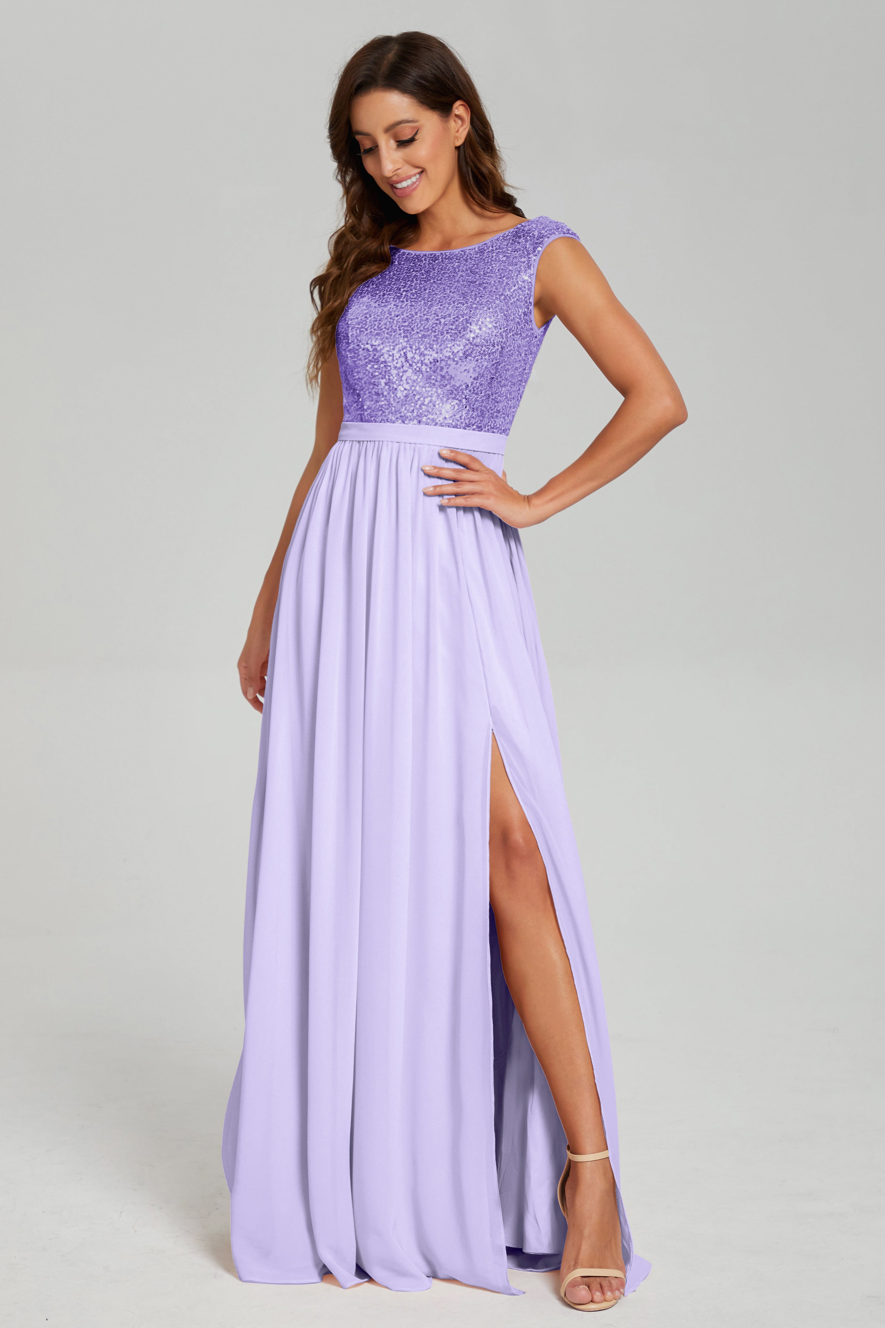 Bateau Sequins Split Prom Dresses