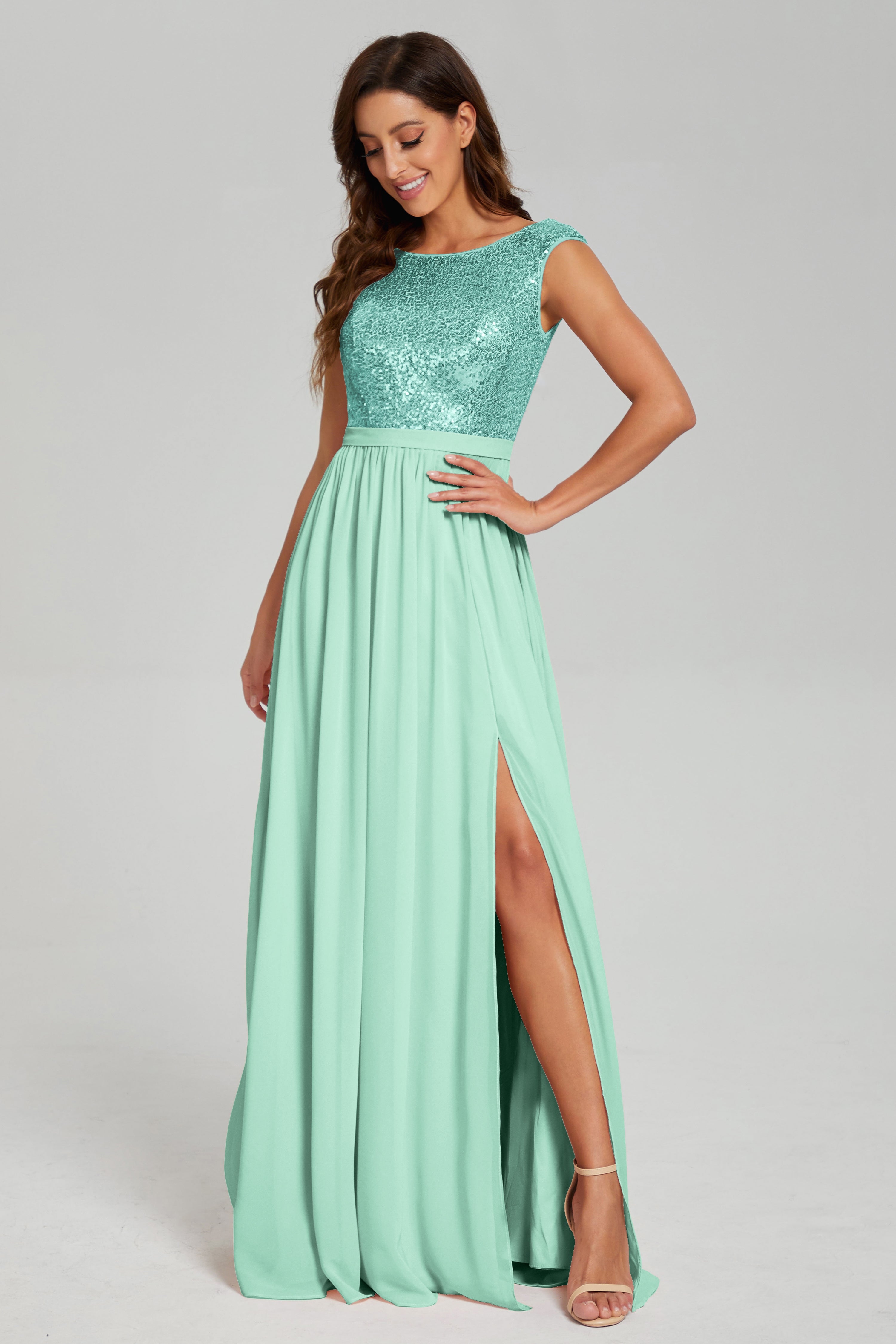 Bateau Sequins Split Prom Dresses