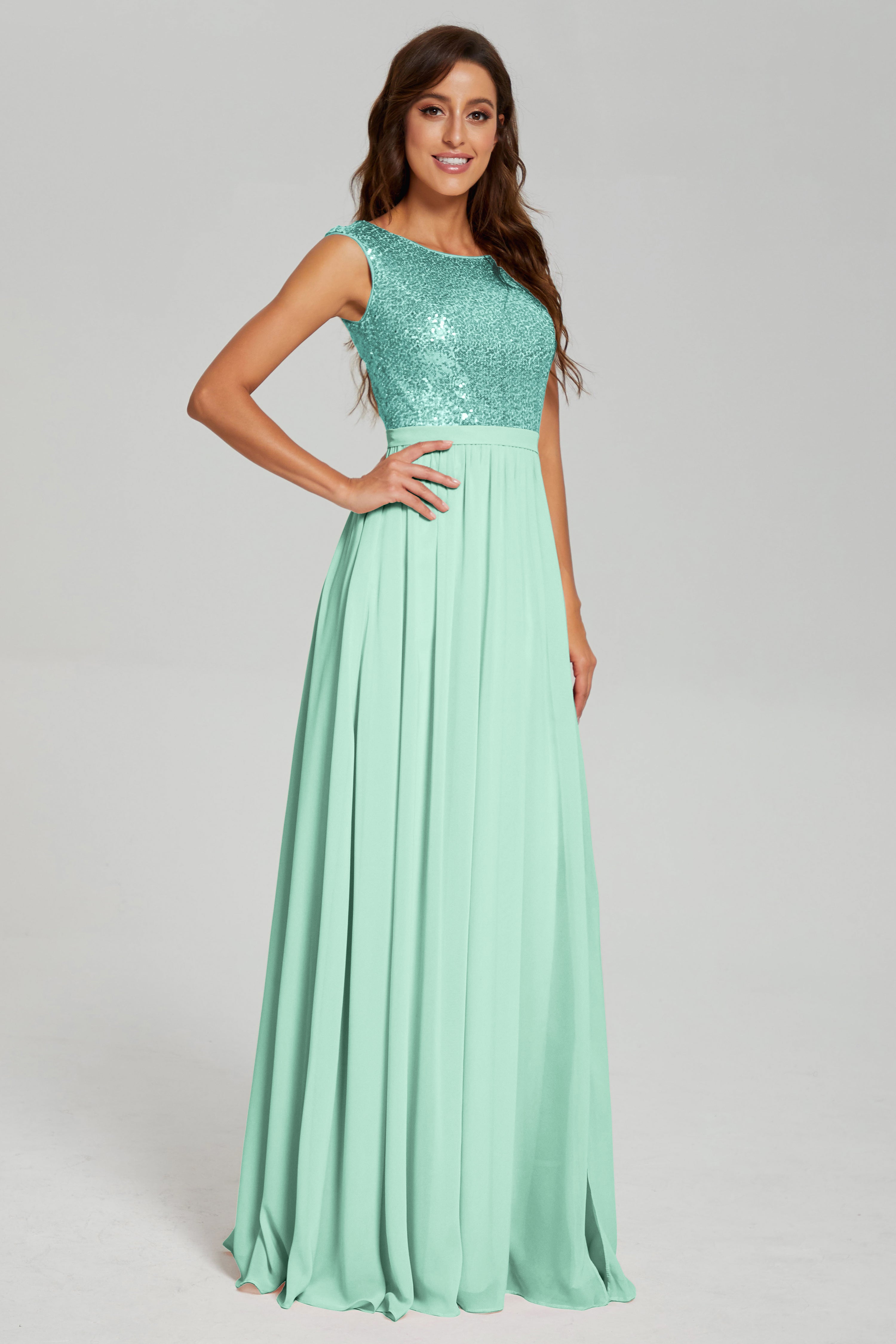 Bateau Sequins Split Prom Dresses