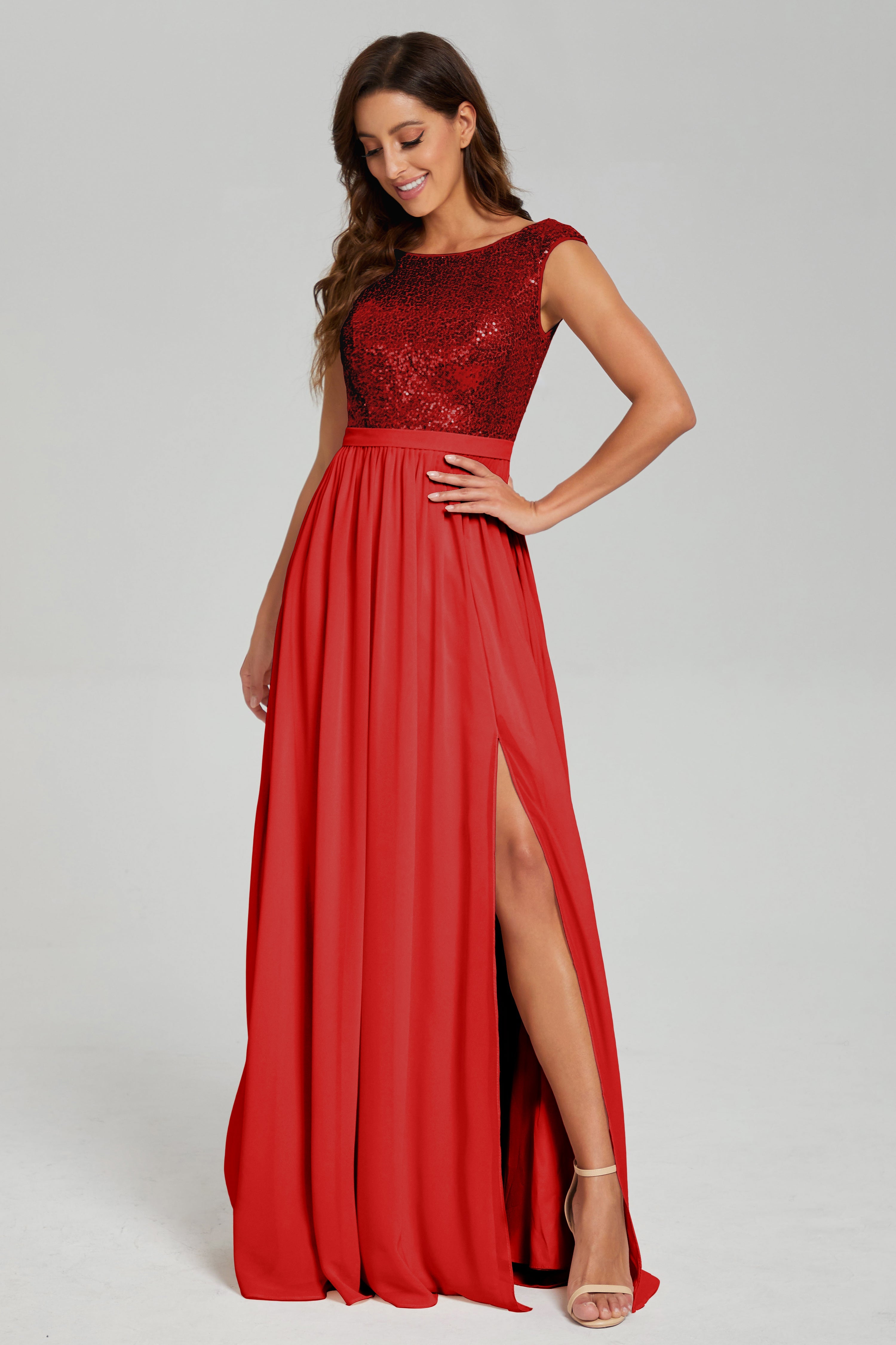 Bateau Sequins Split Prom Dresses