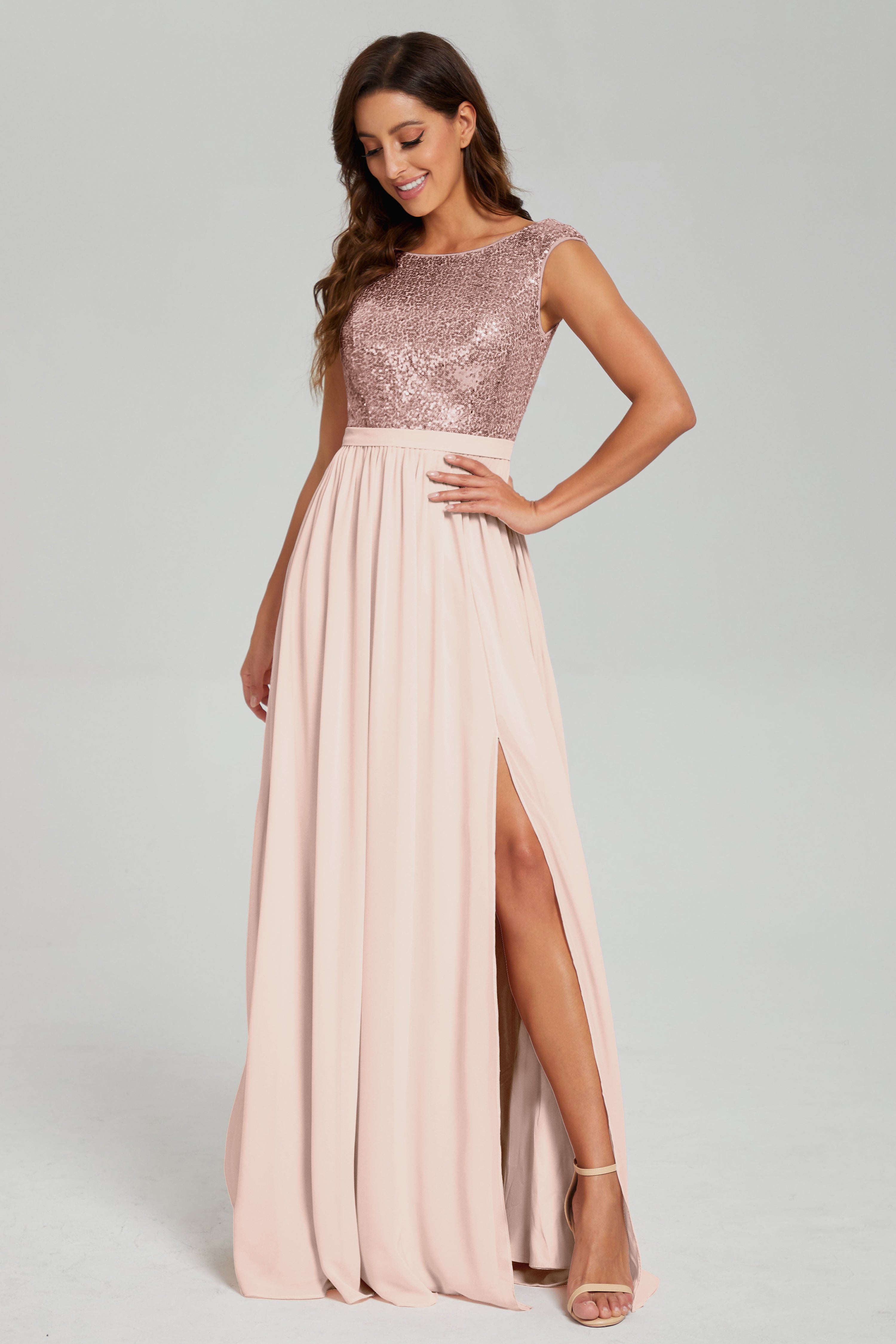 Bateau Sequins Split Prom Dresses