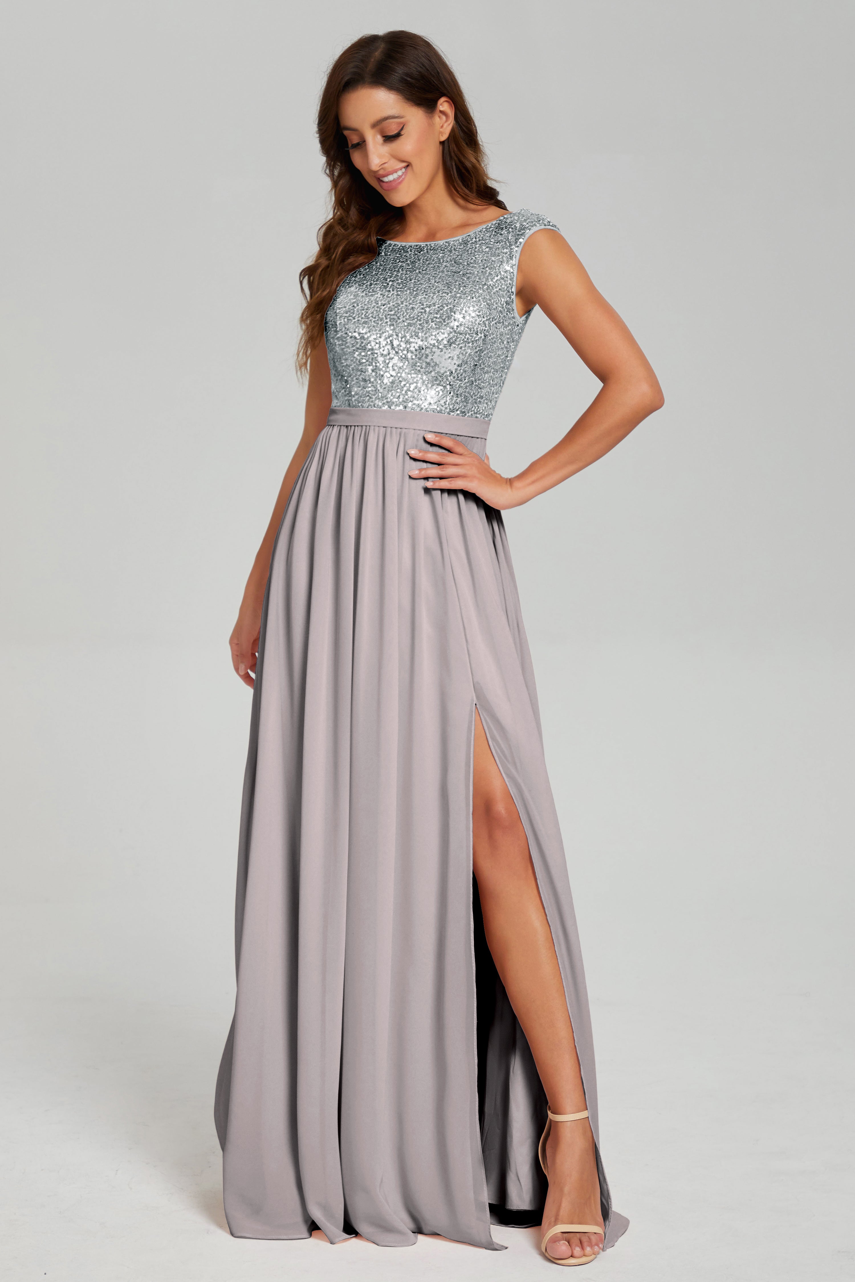 Bateau Sequins Split Prom Dresses