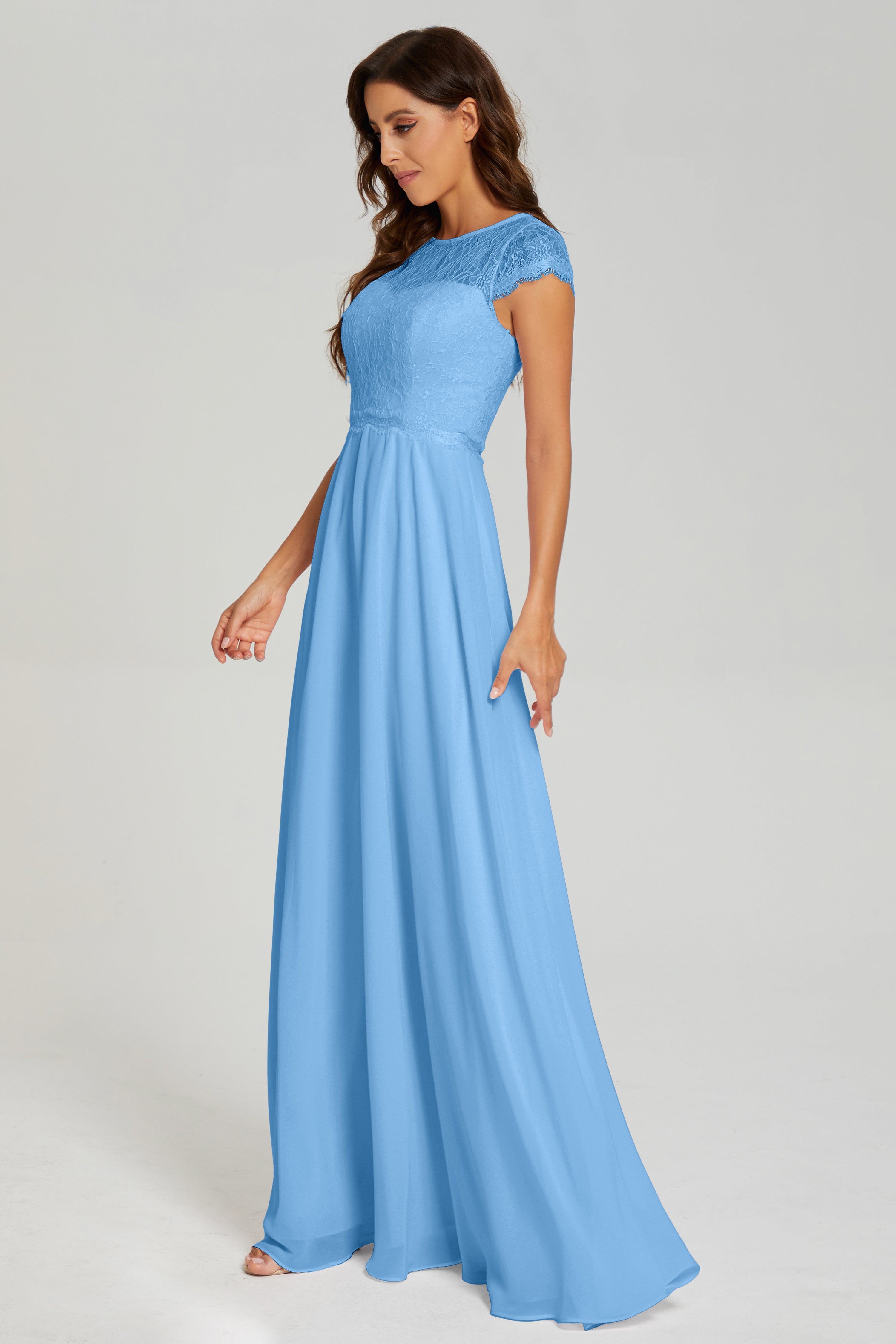 Cap Sleeve Illusion Chiffon Prom Dresses