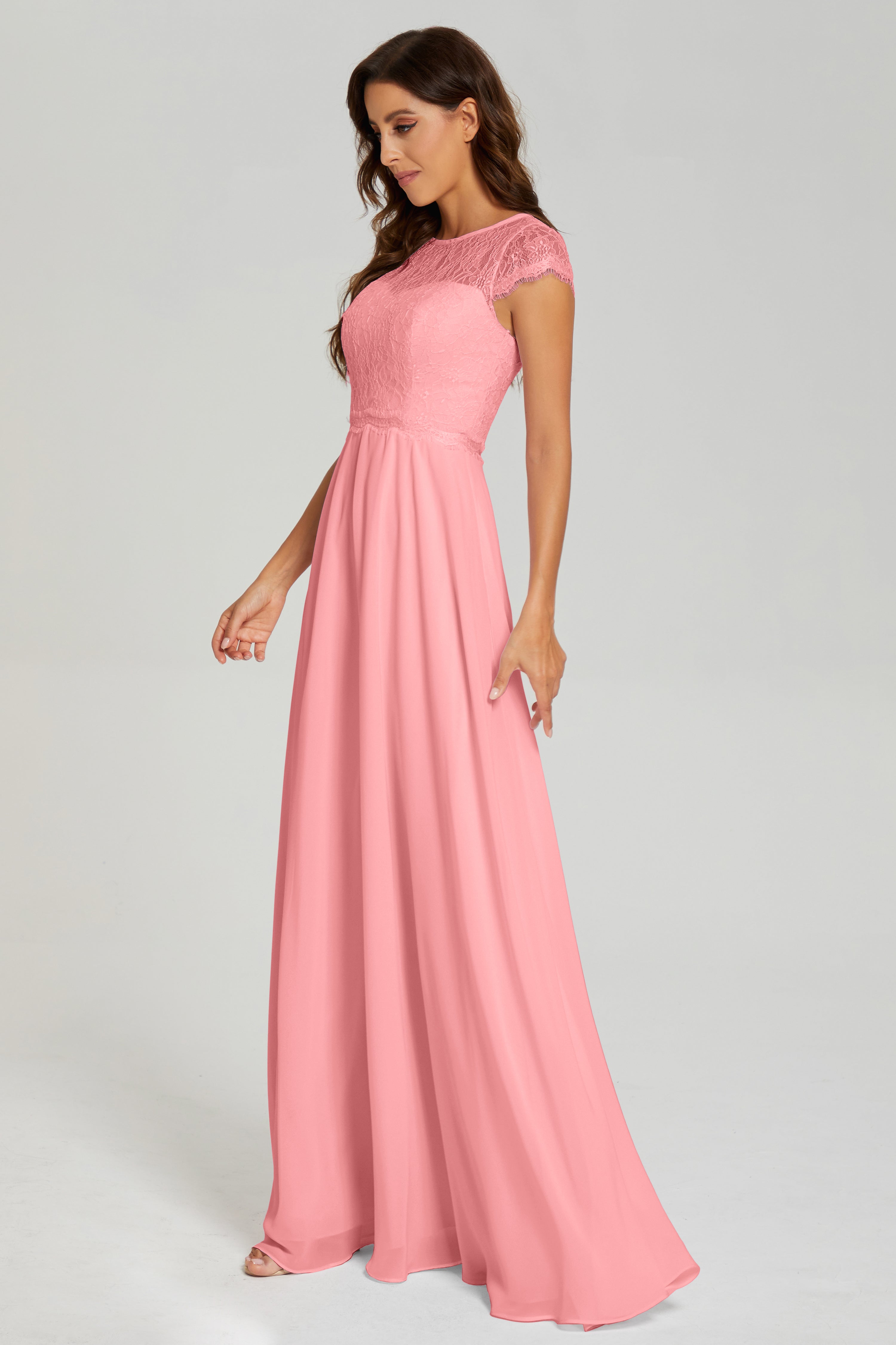 Cap Sleeve Illusion Chiffon Prom Dresses