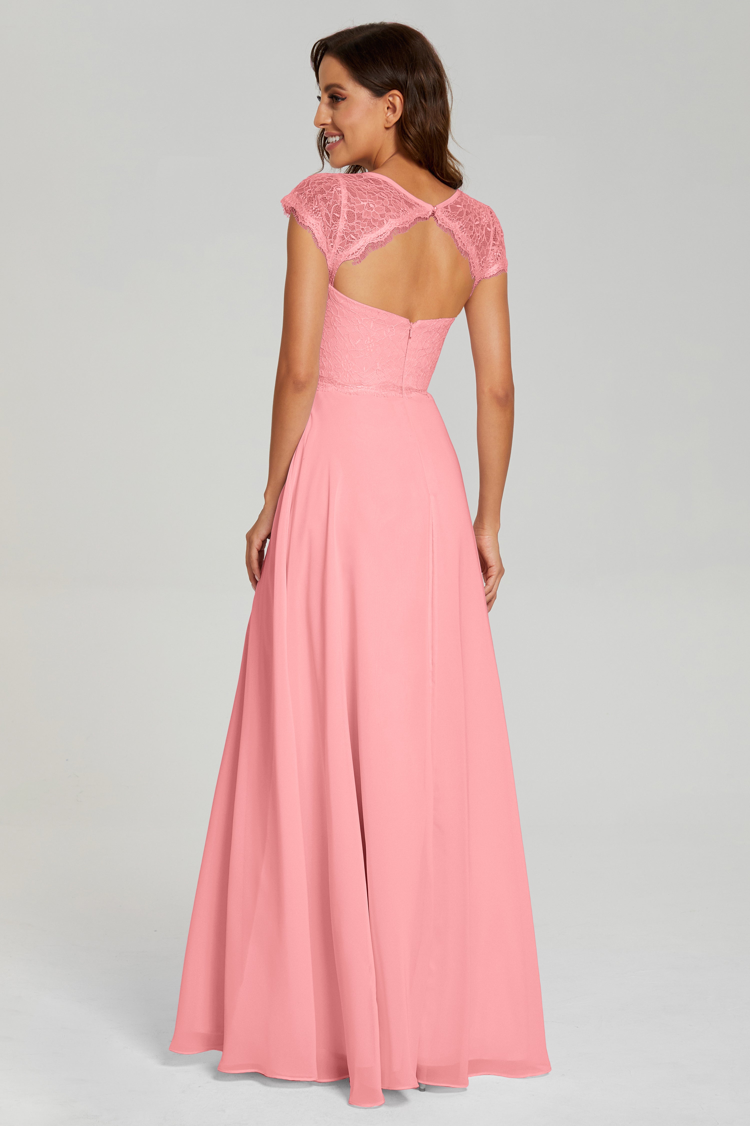 Cap Sleeve Illusion Chiffon Prom Dresses