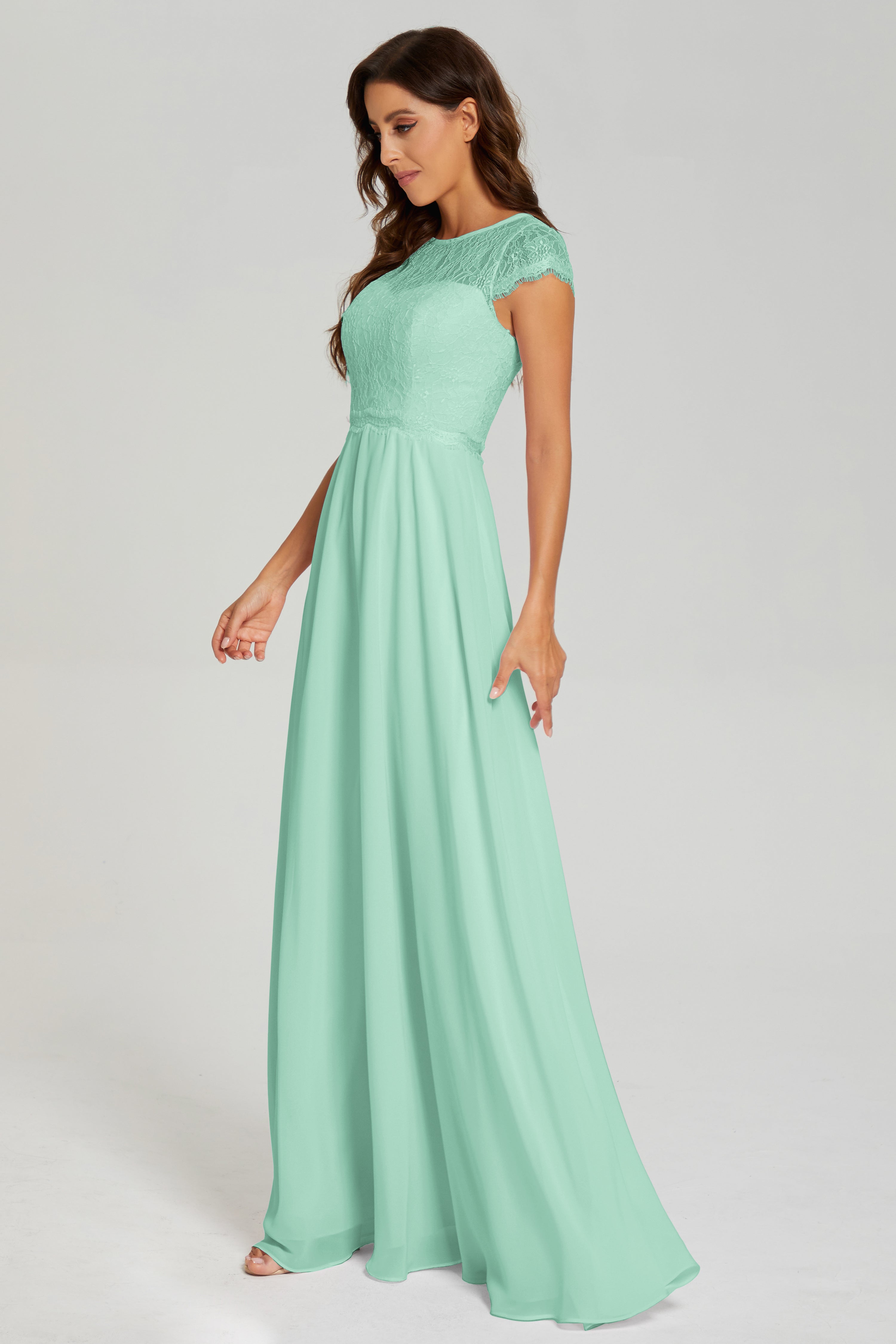 Cap Sleeve Illusion Chiffon Prom Dresses