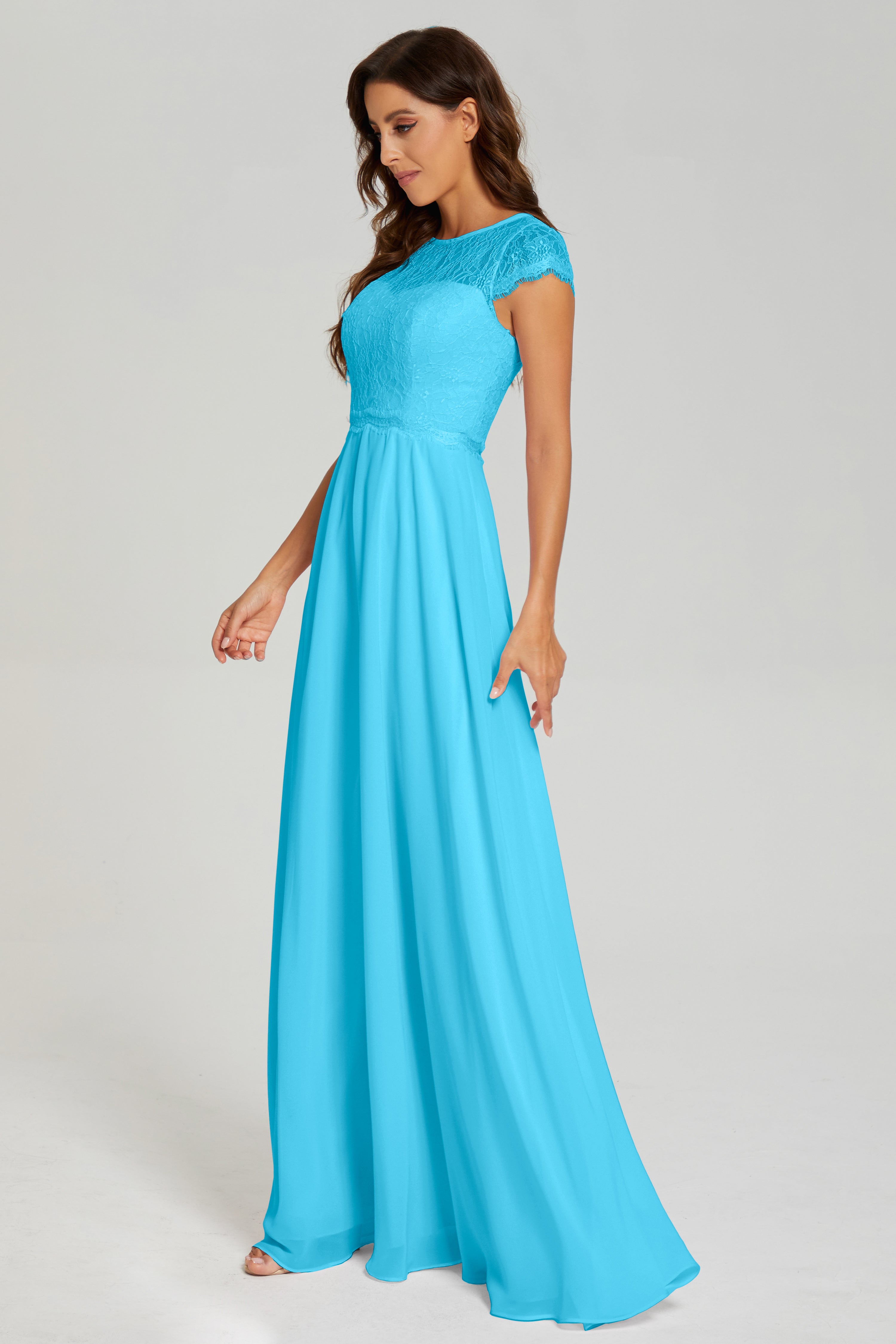 Cap Sleeve Illusion Chiffon Prom Dresses