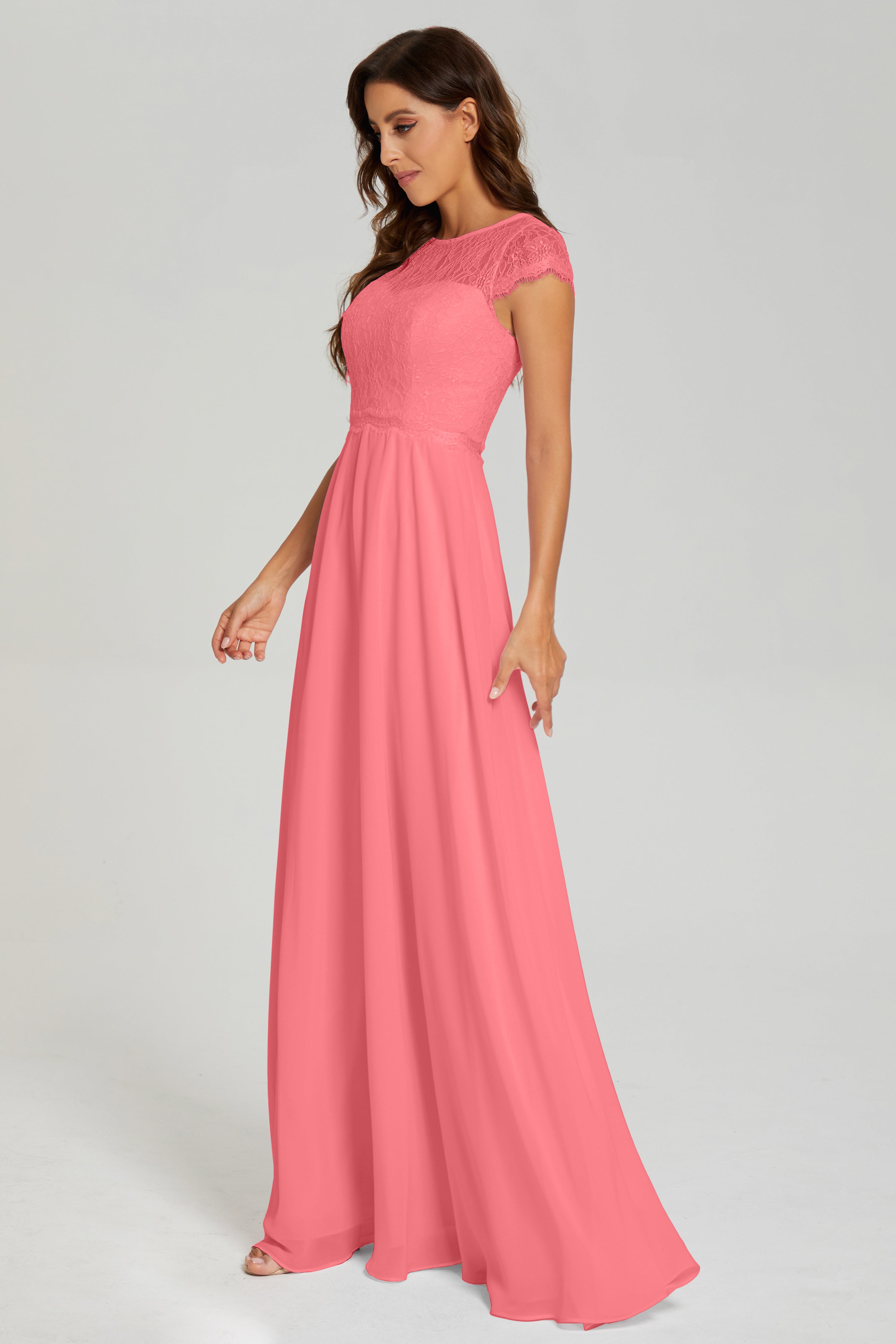 Cap Sleeve Illusion Chiffon Prom Dresses