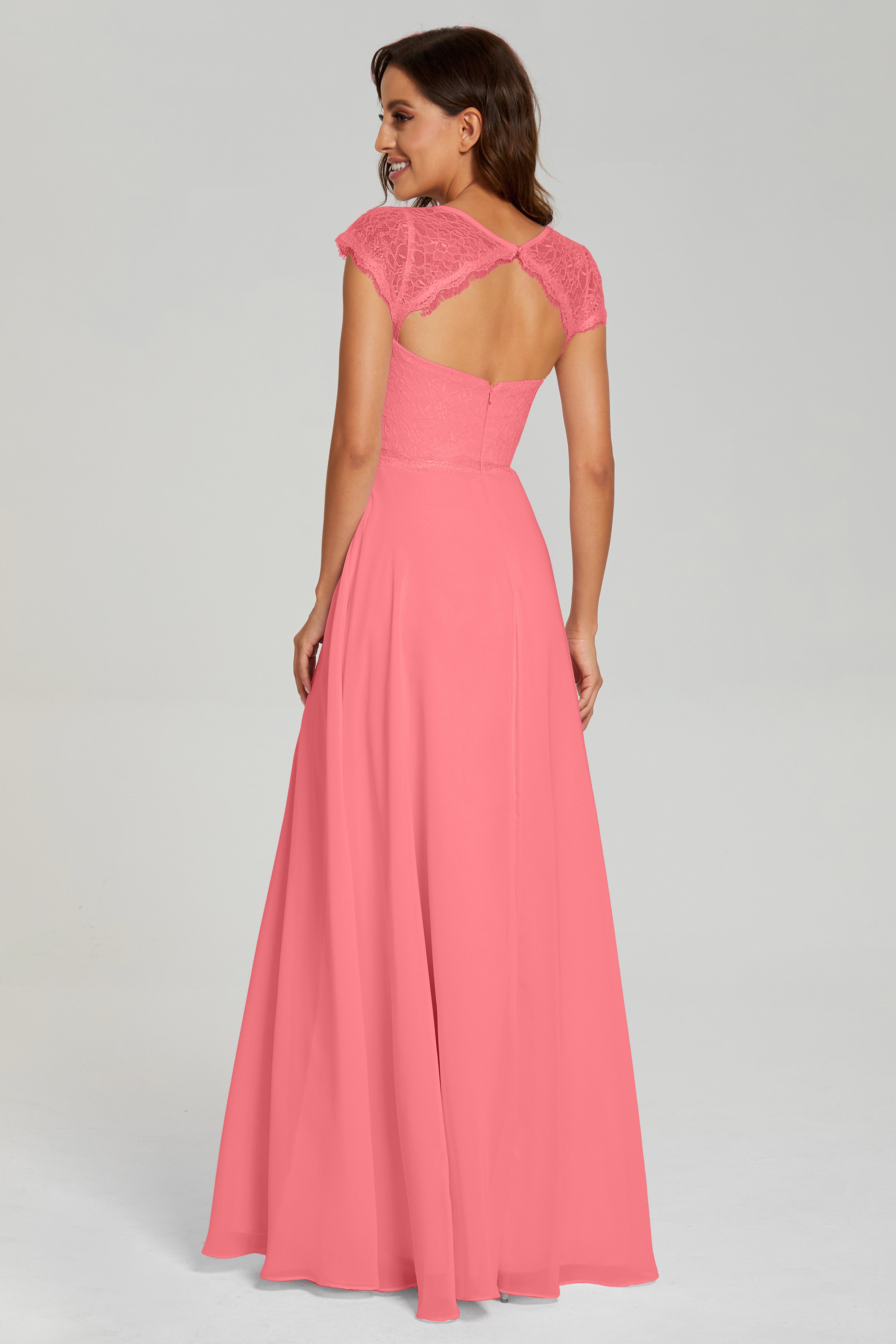 Cap Sleeve Illusion Chiffon Prom Dresses